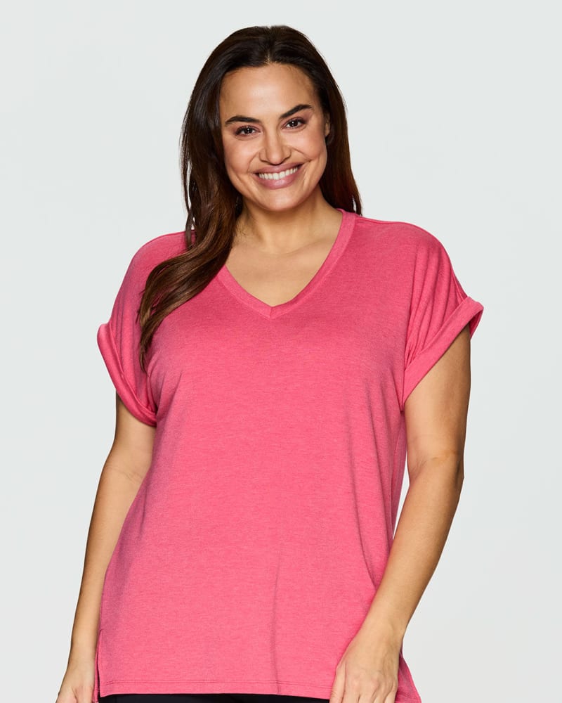 Front of a model wearing a size 1X Everyday V-neck Tunic in Hot Pink by RBX Active. | dia_product_style_image_id:244599